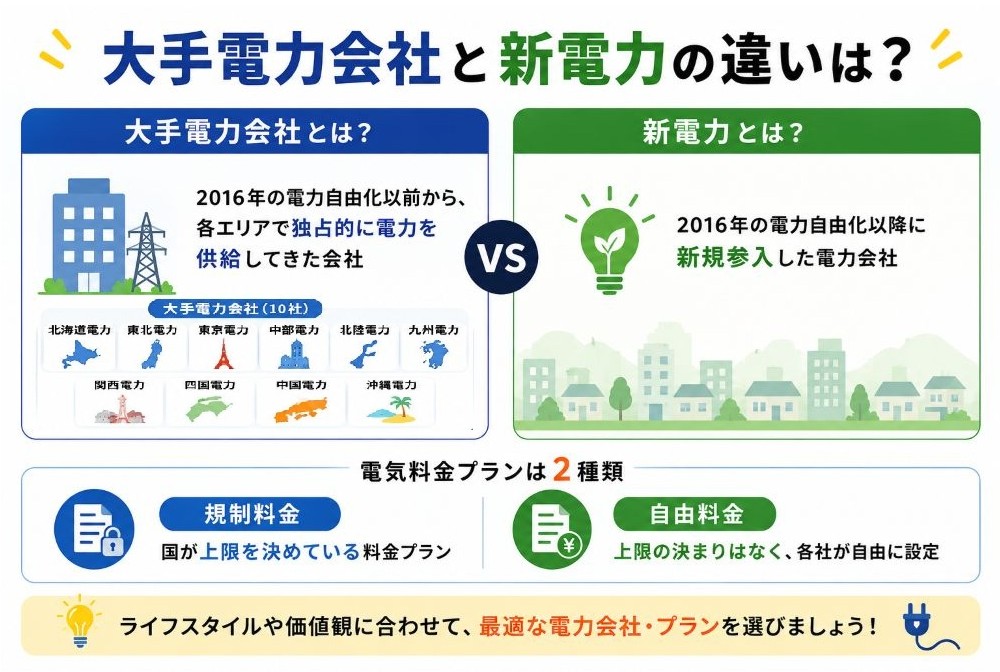 <img src="An image explaining the difference between major power companies and new power companies.jpg" alt="大手電力と新電力の違いを説明する画像">