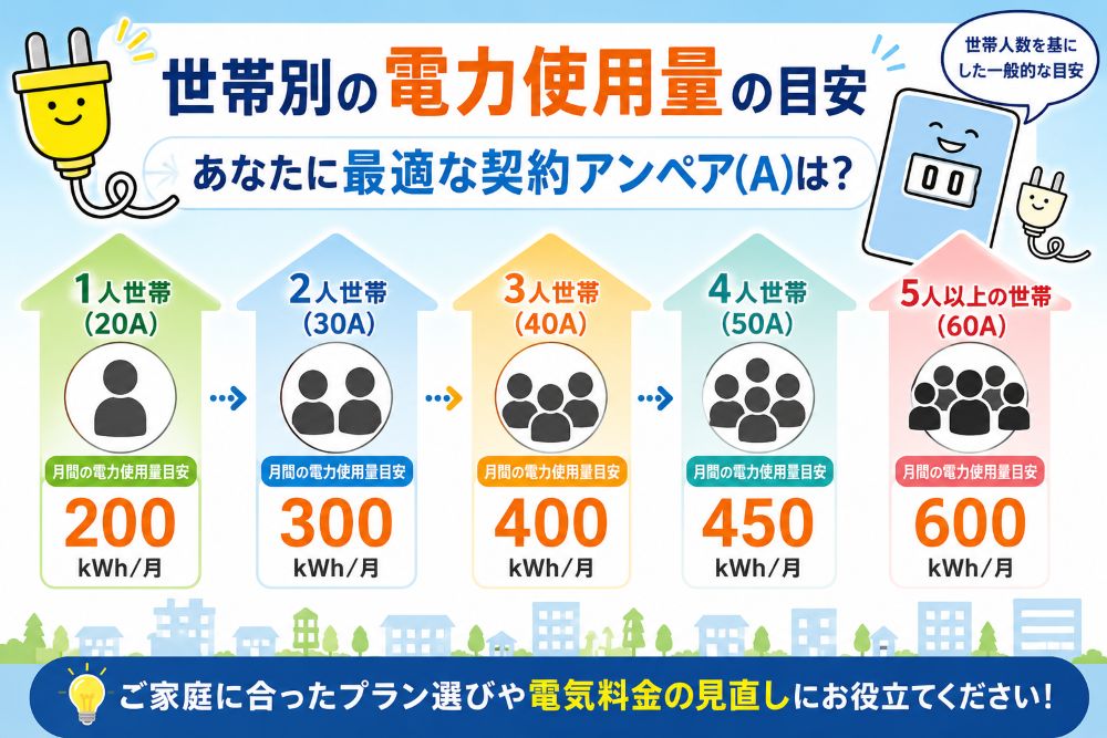 <img src="Estimated electricity consumption based on the number of people in the household.jpg" alt="世帯人数を基にした電力使用量の目安を説明する画像">