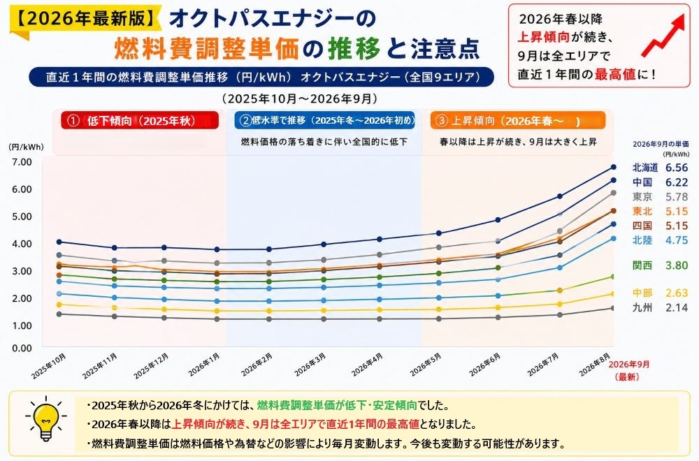 オクトパスエナジーの直近1年間の燃料費調整額の推移と特徴
