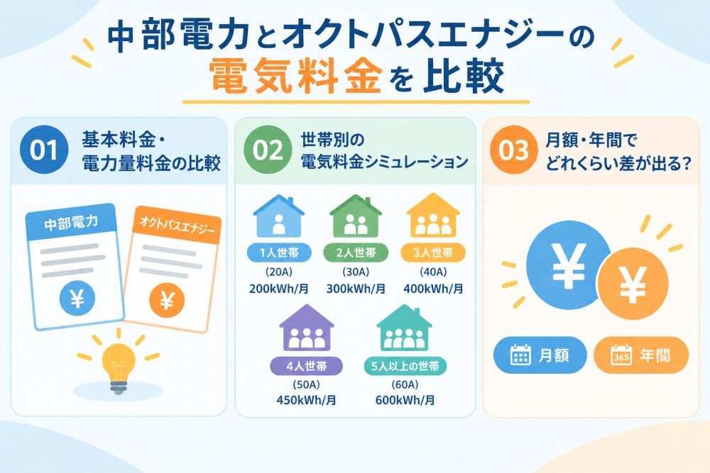 中部電力とオクトパスエナジーの電気料金を比較して差額がどれくらいか解説する画像